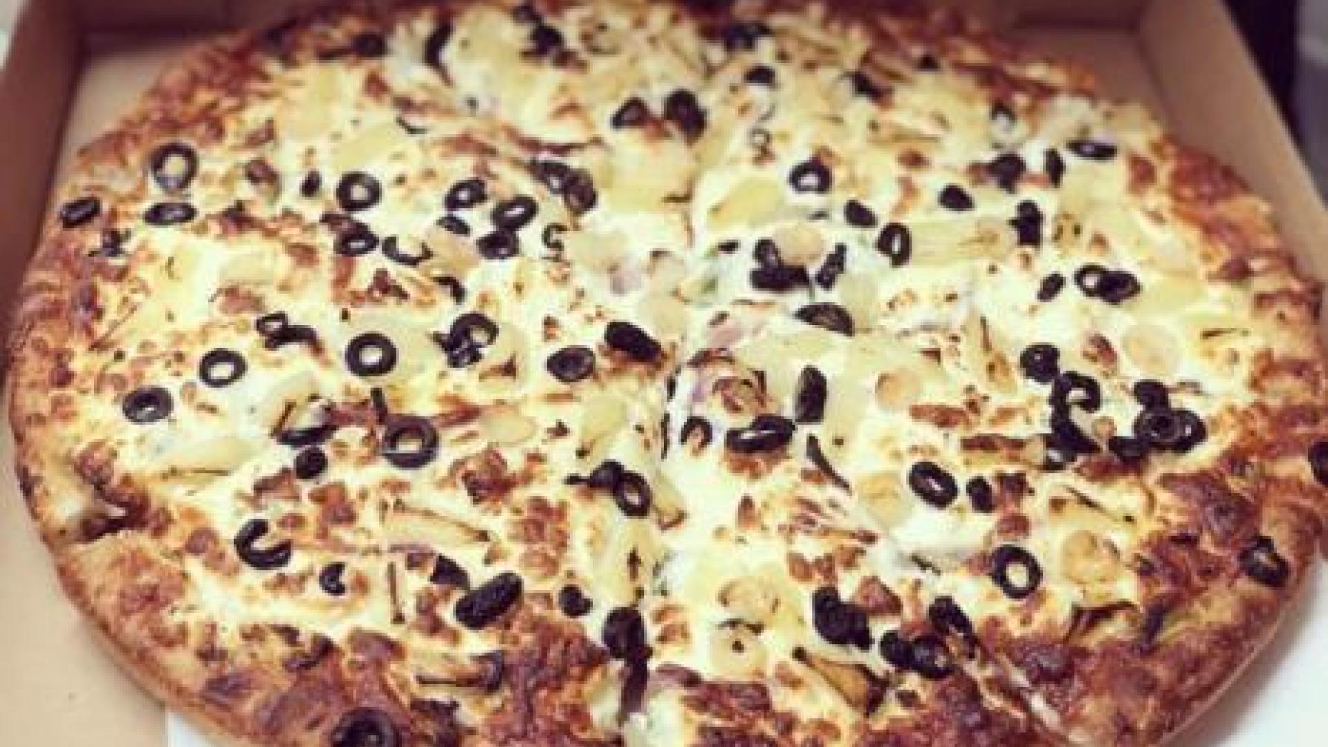 Cheese pizza with olives.
