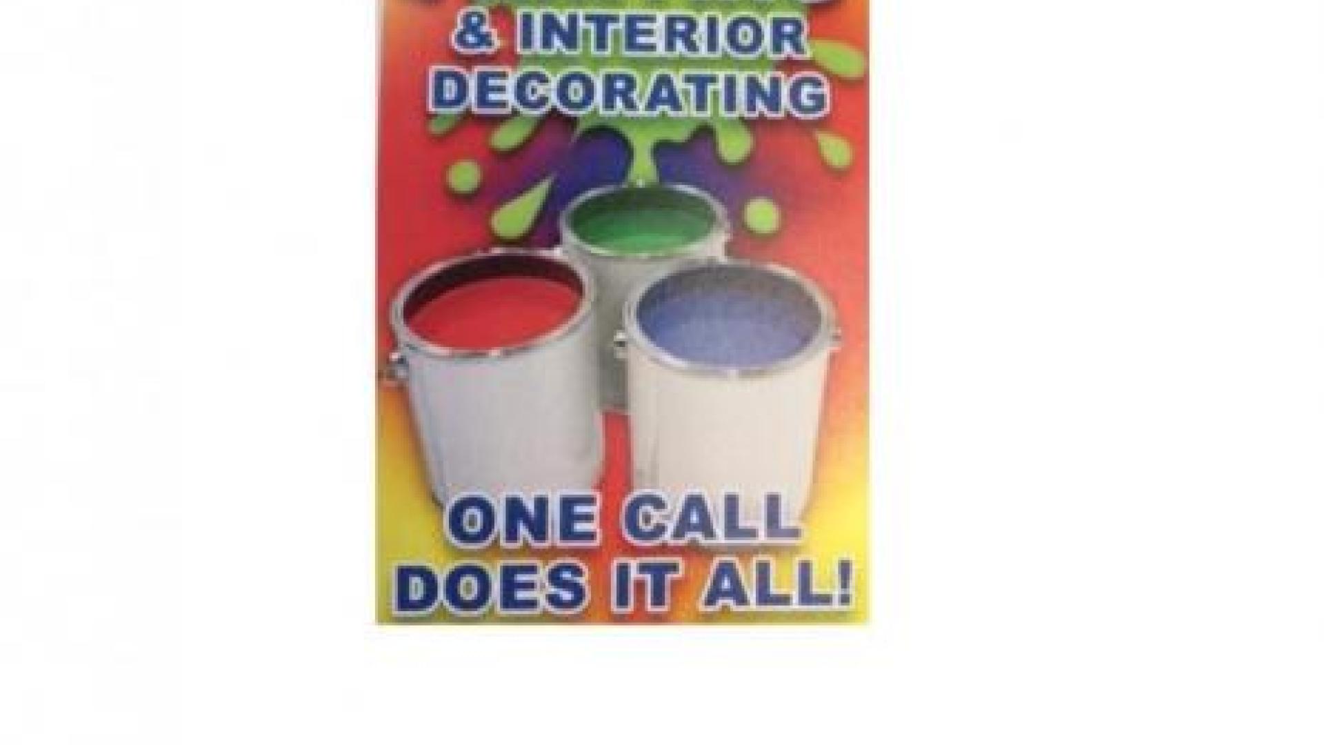 Daniels Painting & Interior Decorating business card. There are three different paint buckets. with a multicoloured background.