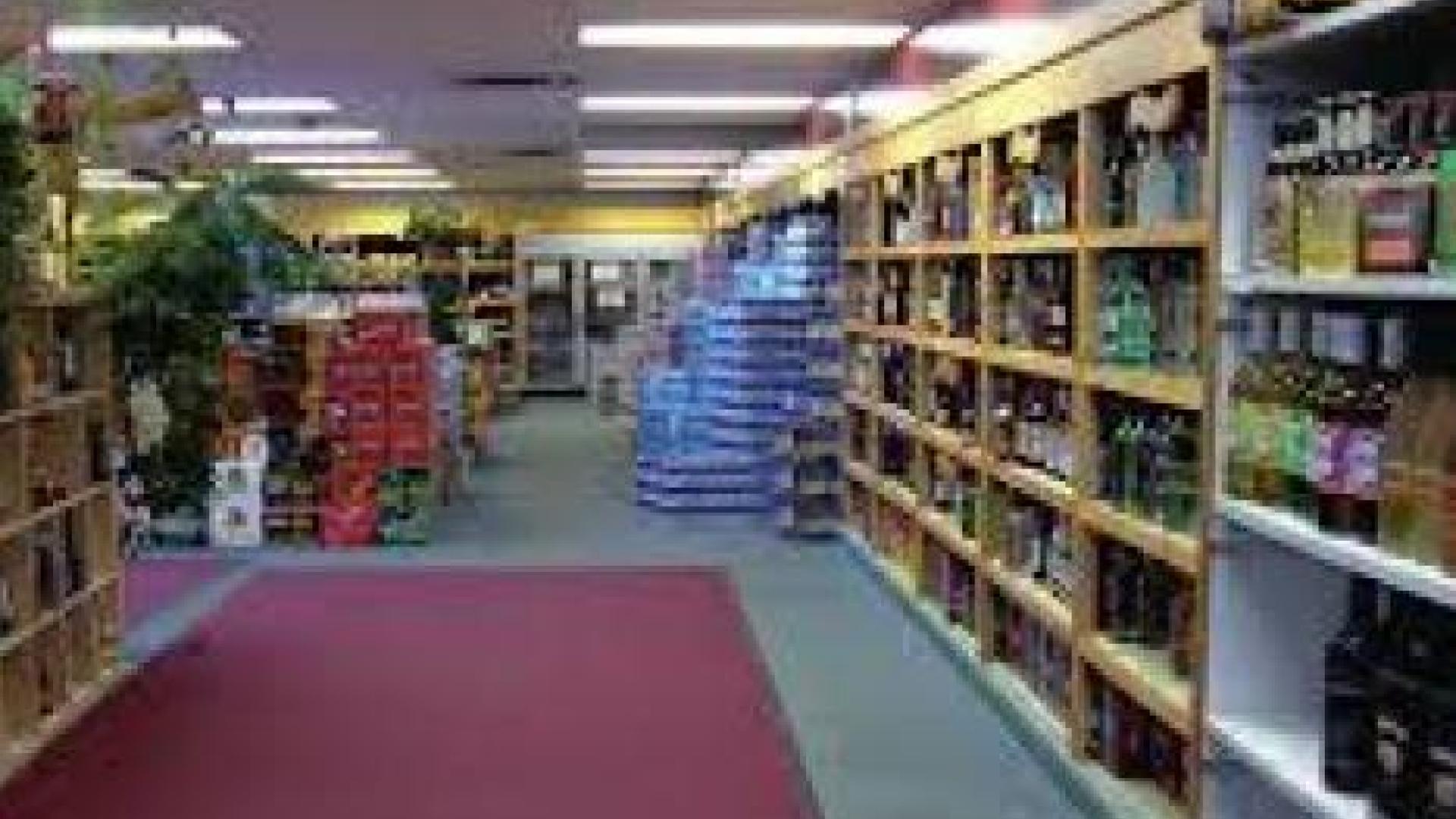 Interior of liquor store.