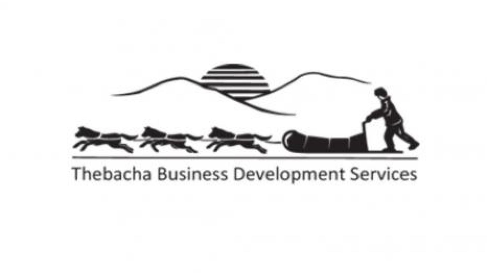 Logo for Thebacha Business Development Services. There is a silhouette of a man riding a dog-drawn sled.
