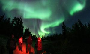 People looking at the northern lights in the sky
