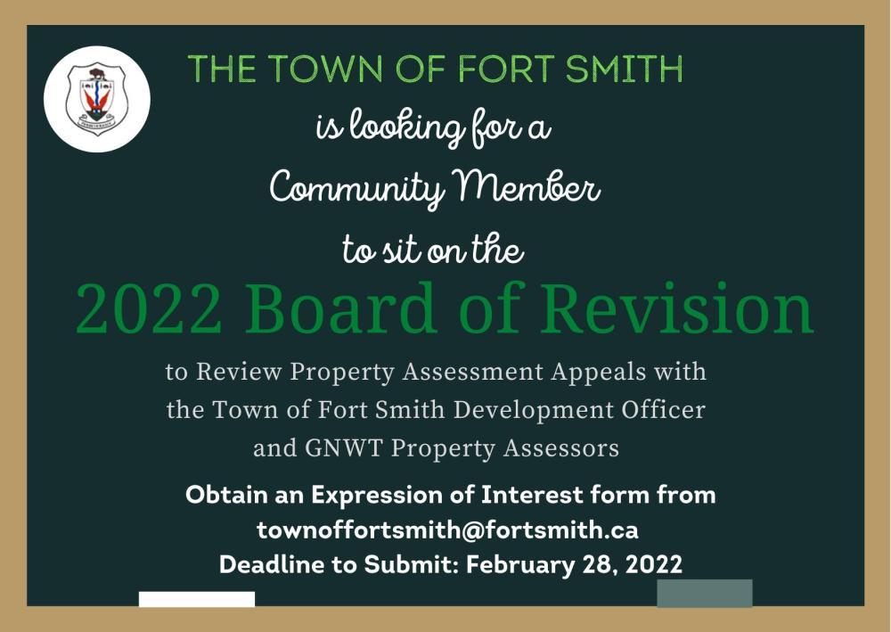 the town of fort smith is looking for a community member to site on the 2022 board of revision