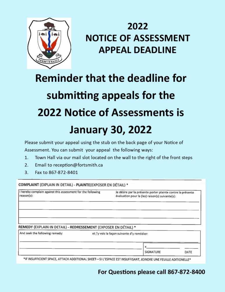 reminder that the deadline for submitting appeals for the 2022 notice of assessments is January 30th