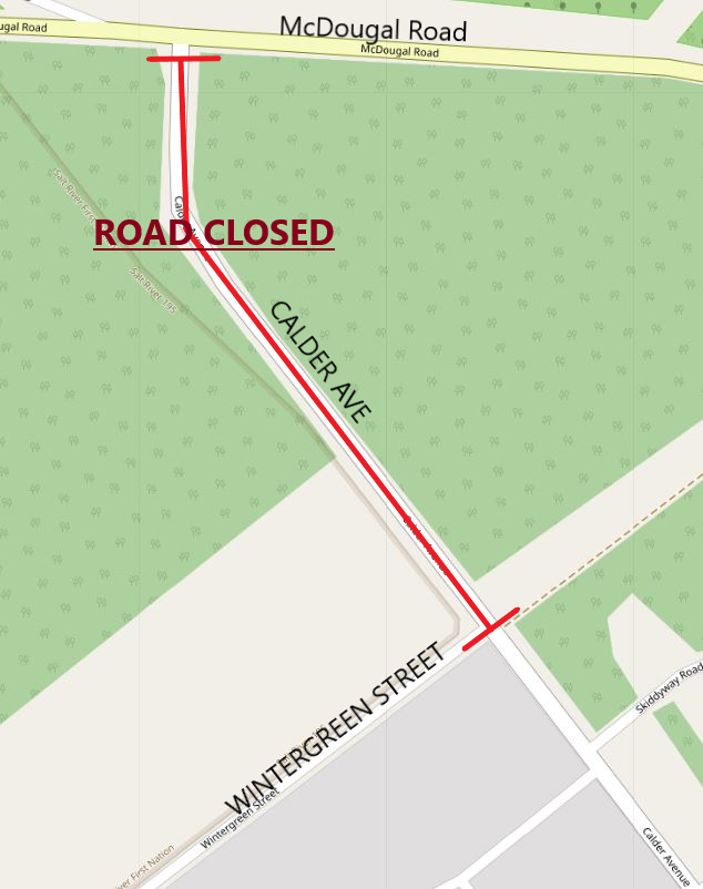 graphic showing the road closure on Calder Ave.