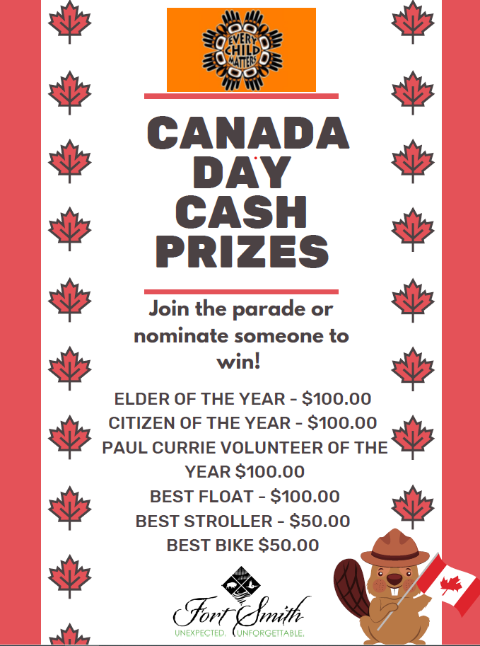 Graphic with red lines and maple leaves lining the border with text that reads "Canada Day cash prizes. Join the parade or nominate someone to win! Elder of the year - $100. Citizen of the year - $100. Paul Currie Volunteer of the Year - $100. Best Float - $100. Best Stroller - $50. Best Bike - $50."