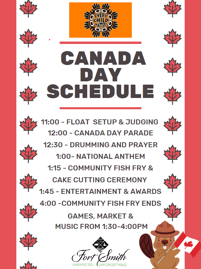red maple leafs line the border of this image with a beaver holding a canadian flag and text about the Canada Day Schedule