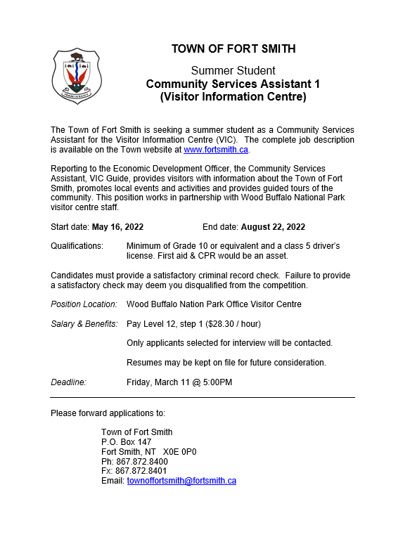 the town of fort smith is seeking summer student as a community services assistant
