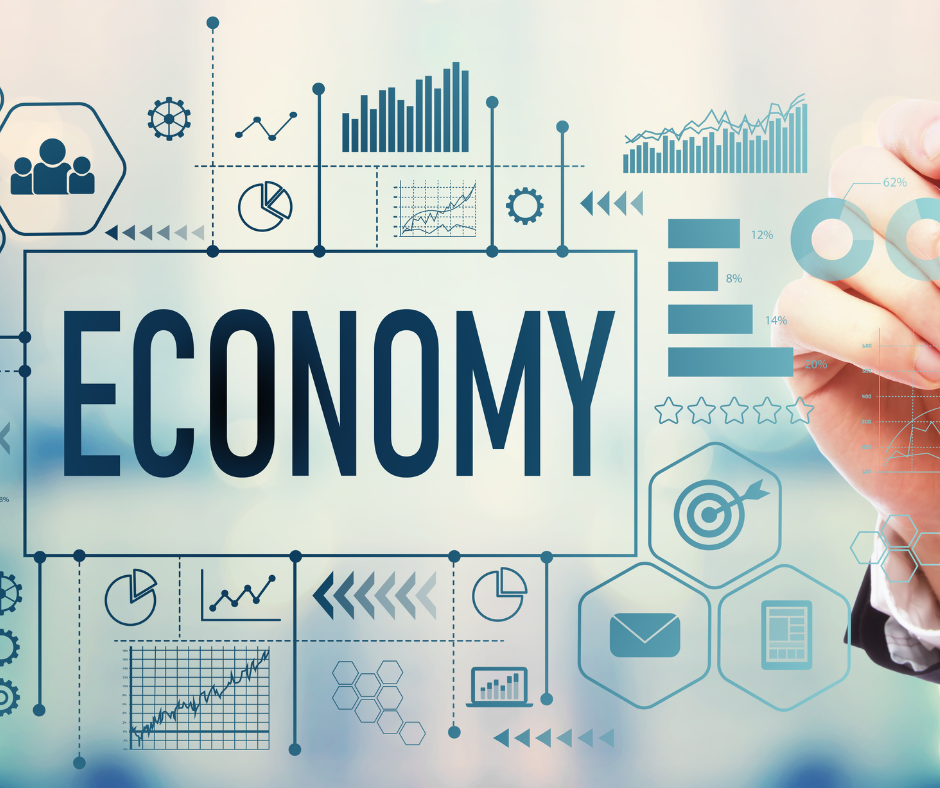 graphic that says economy and has business related icons