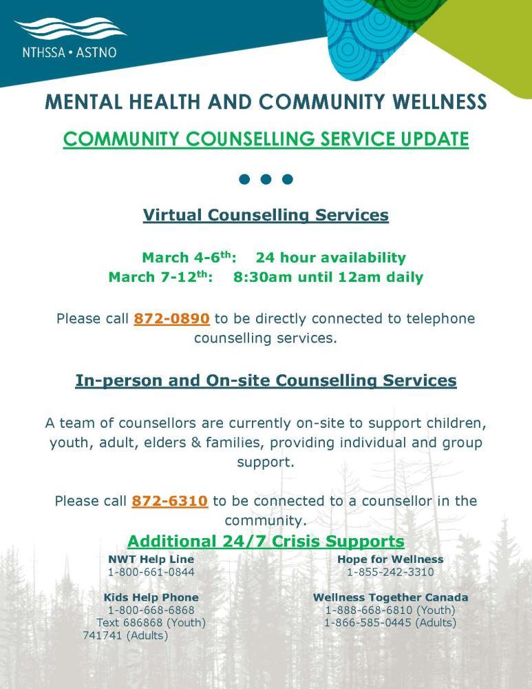 virtual counselling services schedules and contact information