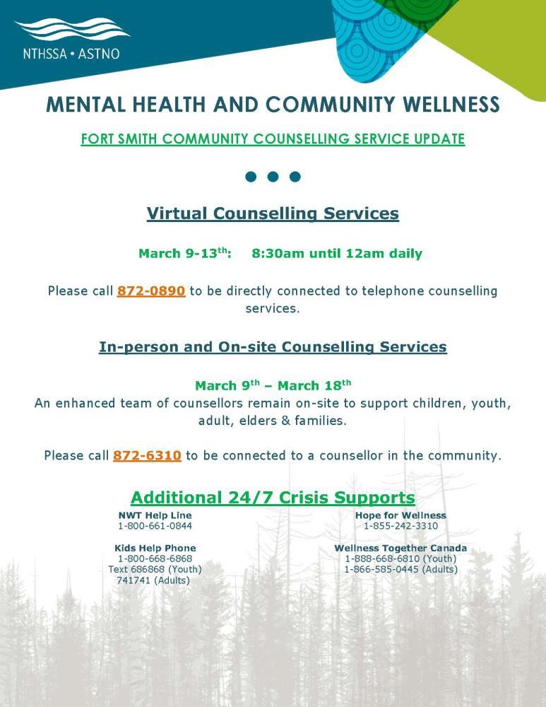 virtual counselling services march 9th to 13th, 8 AM until 12 AM daily