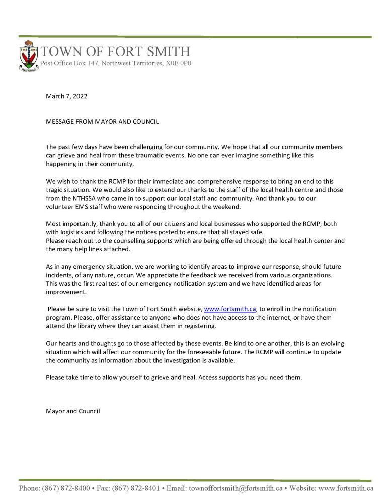 message from mayor and council regarding traumatic events 
