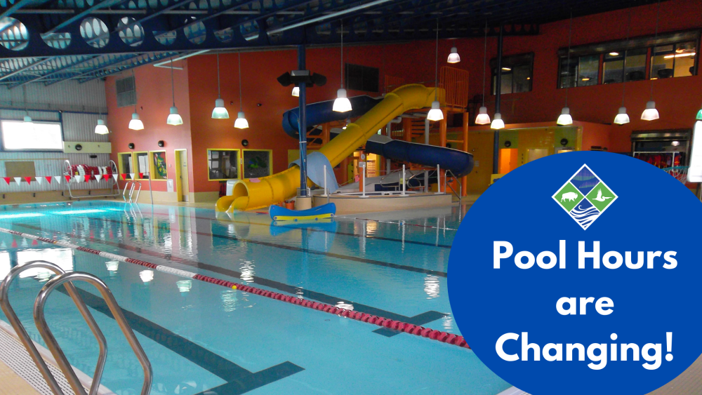 indoor pool with a text blurb on top of the picture that says Pool Hours are Changing