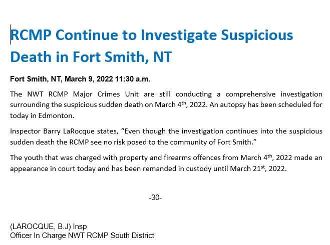 RCMP continues to investigate suspicious death in fort smith, NT