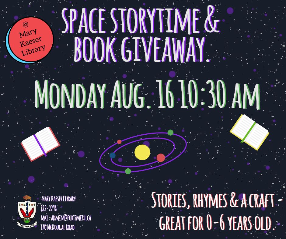 space and storytime & book give away monday aug 16 at 10:30 AM