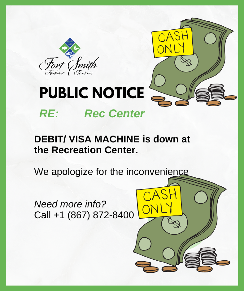 public notice that the debit/visa machine is down at the recreation center