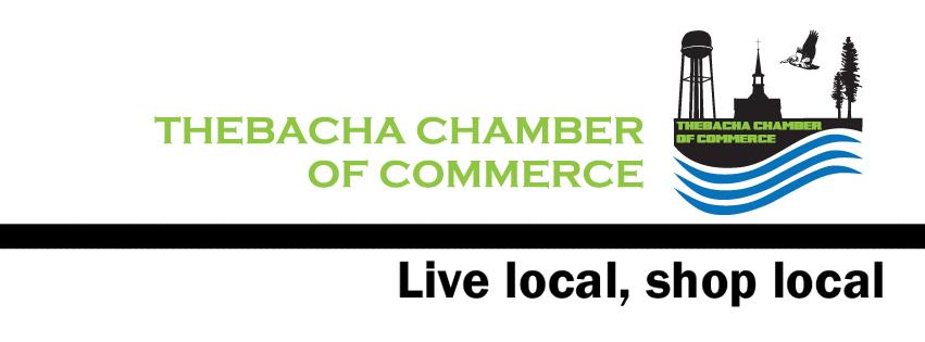 Thebacha Chamber of Commerce banner. There is a water tower, a bird, a church and trees silhouettes on the side of the banner.