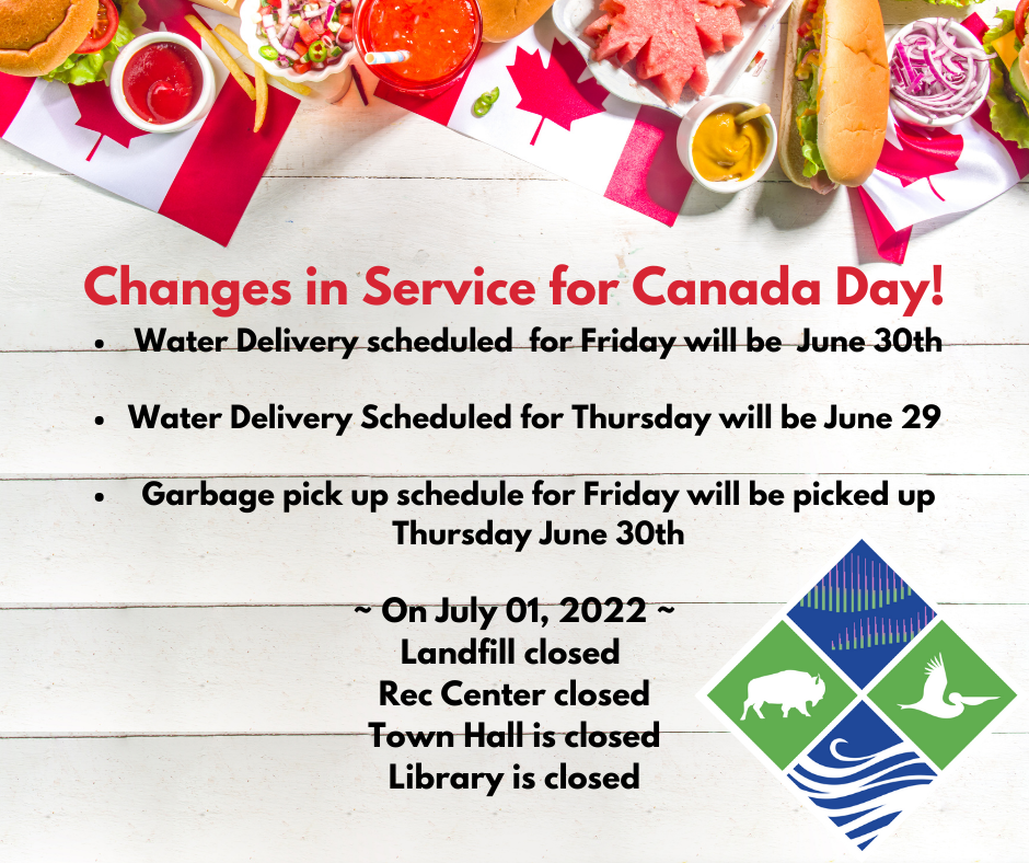typical barbecue foods lining the top of the graphic with information about changes in service for Canada Day 
